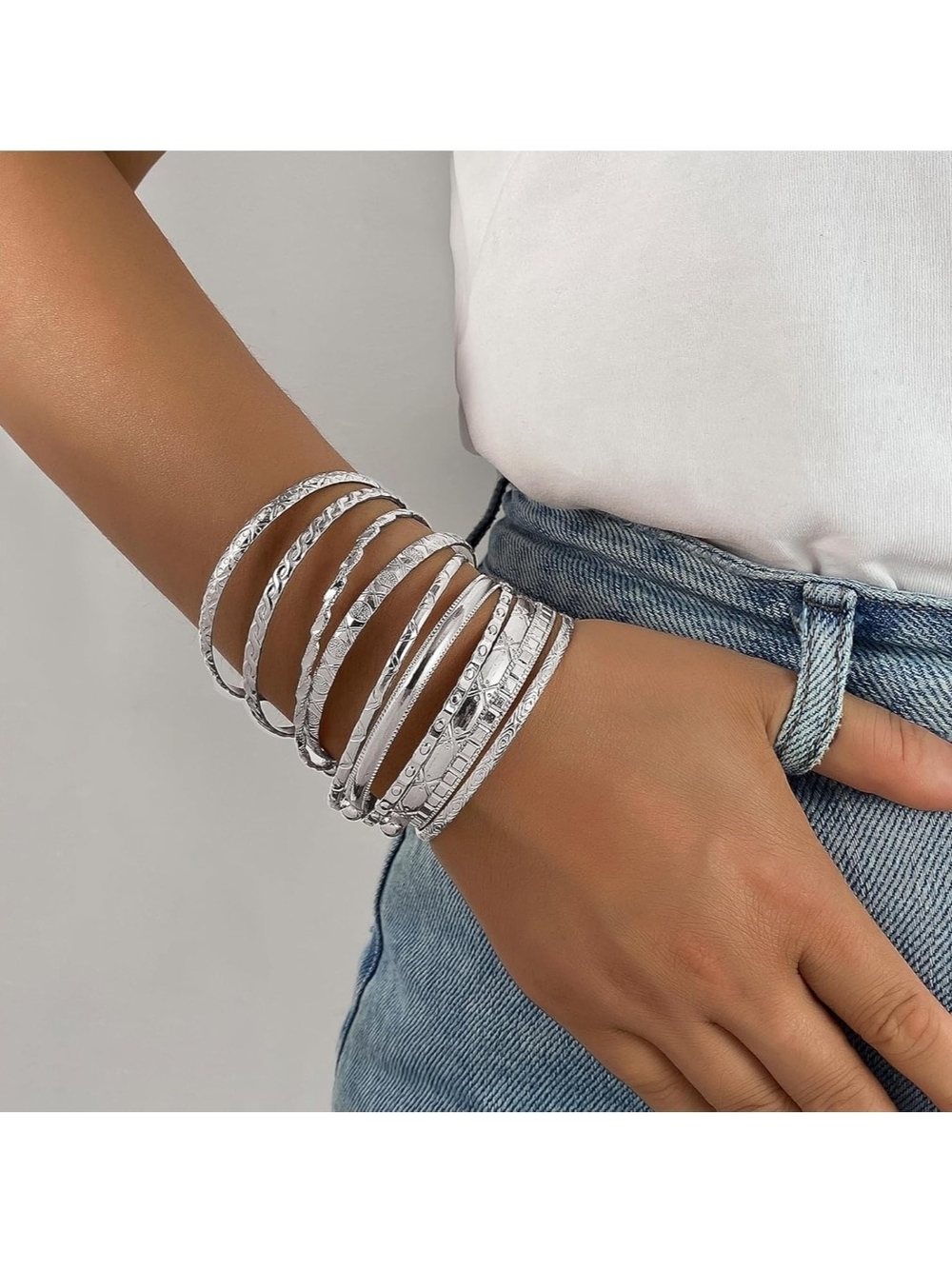 Stackable Silver Bangle Bracelet Set for Women